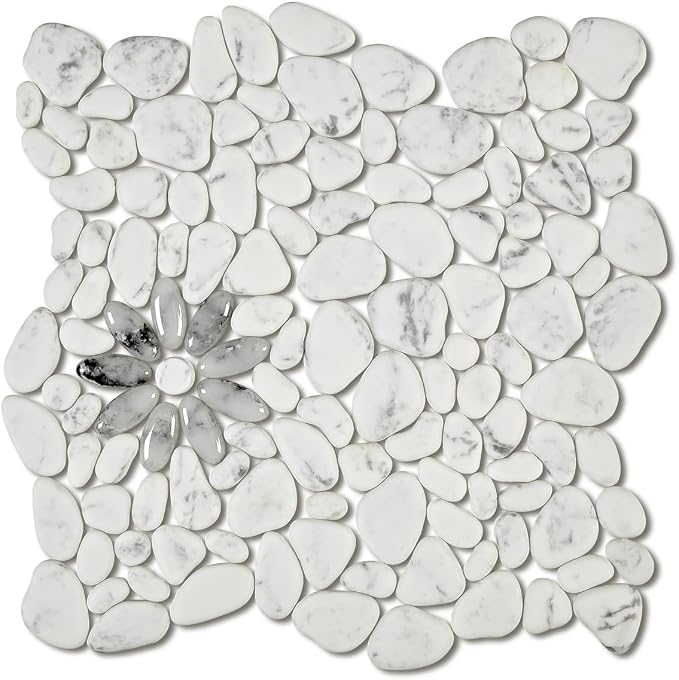 5 Sheets Marble Flowers Mosaic Wall and Floor Tiles for Bathroom and Kitchen 12.99 * 12.99 Inches 1.17 sq.ft (Stone and Gray Flower)