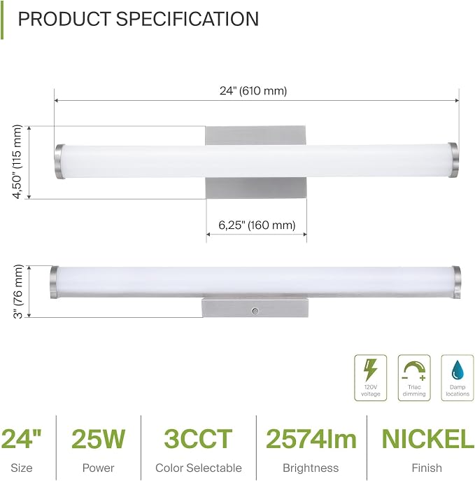 ASD 24" LED Linear Vanity Light Fixture, Modern Bathroom Sconce — 3 Color 3000K-5000K, Dimmable, 25W 1750LM, Energy Star & ETL Listed — Over Mirror Makeup Bar for Bedroom, Cabinets — Nickel, 4 Pack
