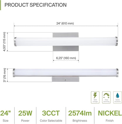 ASD 24" LED Linear Vanity Light Fixture, Modern Bathroom Sconce — 3 Color 3000K-5000K, Dimmable, 25W 1750LM, Energy Star & ETL Listed — Over Mirror Makeup Slim Bar for Bedroom, Cabinets — Nickel