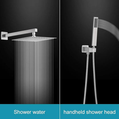 BWE 16 Inch Square Bathroom Luxury Rain Mixer Shower Combo Set Shower Kit Wall Mounted Rainfall Shower Head System Brushed Nickel Shower Faucet Rough-in Valve Body and Trim Included