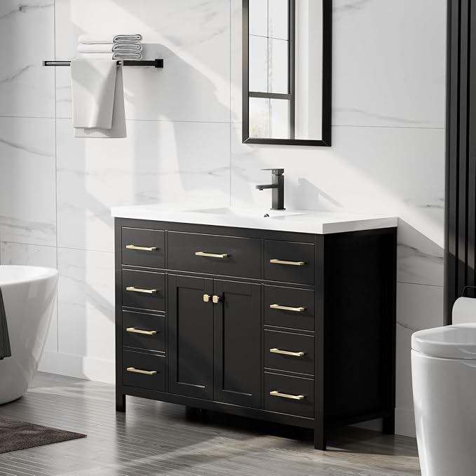 LUCKWIND 48" Modern Bathroom Vanity with Sink Combo, Contemporary Painted Storage Cabinet and Single White Sink, Include Soft-Closing Doors & Matte Black Faucet, Black