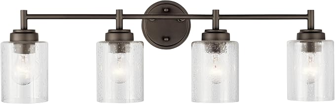 Kichler Winslow 4-Light Farmhouse Vanity Light, Olde Bronze | Clear seeded glass vanity light for bathroom mirrors (30" x 9.25" x 12"), 45887OZ