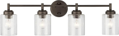 Kichler Winslow 4-Light Farmhouse Vanity Light, Olde Bronze | Clear seeded glass vanity light for bathroom mirrors (30" x 9.25" x 12"), 45887OZ