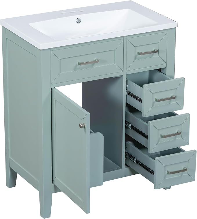 30 Inch Bathroom Vanities with Undermount Ceramic Sink, Storage Cabinet with Soft Closing Doors, Three Drawers and Organizer Rack Shelf, Solid Wood Frame, Green