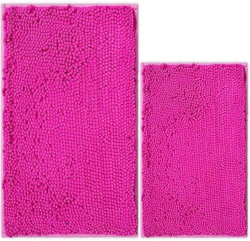 Bathroom Rugs Chenille Bath mat 2 Piece Set, Super Absorbent, PVC Non Slip Backing, Bath mats for Bathroom, Plush Shaggy, Thick, Machine Washable, Bathtub, Shower, Toilet.(Hot Pink)