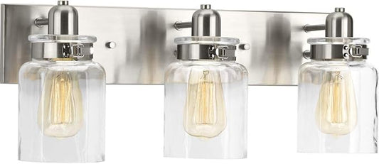 Progress Lighting P300047-009 Calhoun Collection Clear Glass Farmhouse Bath Vanity Light, 3-Light, Brushed Nickel