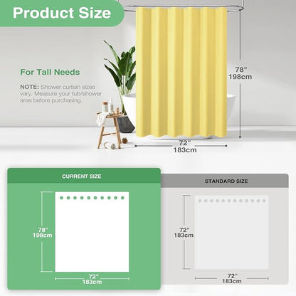 Long Waffle Shower Curtain 256 GSM Heavy Fabric 72x78 Yellow | 78 Inch Long, Thick Cloth, Weighted Hem, Water Repellent, Tall Hotel Luxury Polyester Shower Curtains for Bathroom 12 Hooks