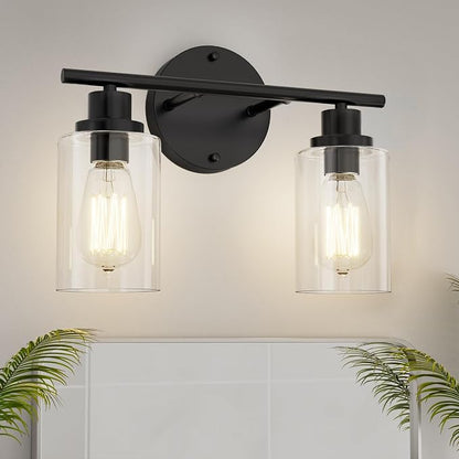 GORDNWE Modern Vanity Light - 2 Lights Matte Black Wall Light Fixtures | E26 Bulb Base, Clear Glass Shade, Over Mirror, Farmhouse Style