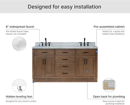 ARIEL Hepburn 66-inch Bathroom Vanity with Sink,Solid Wood, 1.5-inch Italian Carrara Marble Countertop, Double Rectangular Porcelain Sink, 4 Soft Closing Doors, 6 Dovetail Drawers, Brown Oak