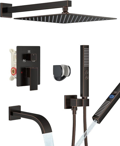 Oil Rubbed Bronze Shower System with Tub Spout, Wall Mounted Bathtub Faucet Set, 12" Rainfall Shower Head and Handheld Shower Combo, High Pressure Shower Fixtures Set with Rough-in Valve