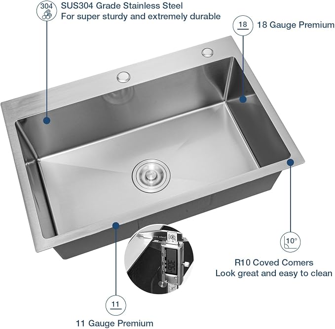 33 Inch Drop In Kitchen Sink, 16 Gauge Stainless Steel Kitchen Sink Single Bowl Sinks with Drain Strainer (33"x19"x9")