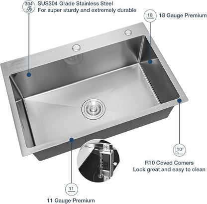 33 Inch Drop In Kitchen Sink, 16 Gauge Stainless Steel Kitchen Sink Single Bowl Sinks with Drain Strainer (33"x19"x9")
