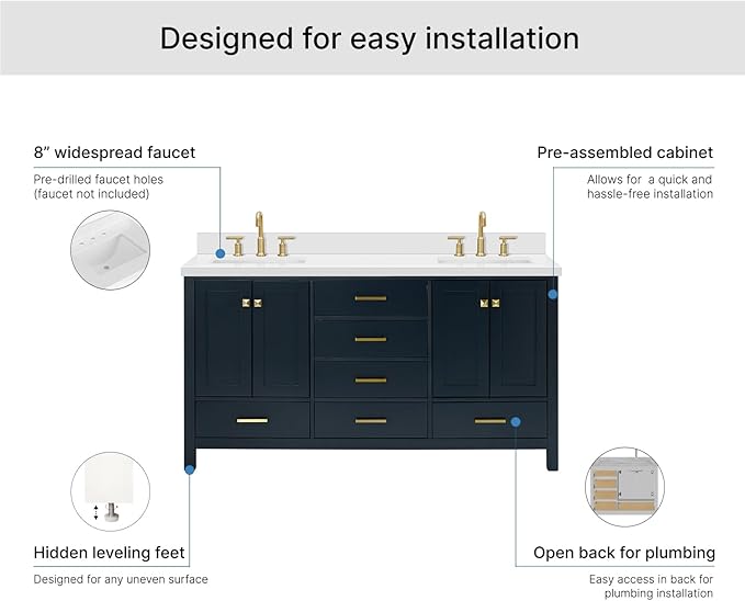 ARIEL Cambridge 66-inch Bathroom Vanity with Sink,Solid Wood, 1.5-inch Pure White Quartz Countertop, Double Rectangular Porcelain Sink, 4 Soft Closing Doors, 6 Dovetail Drawers, Midnight Blue