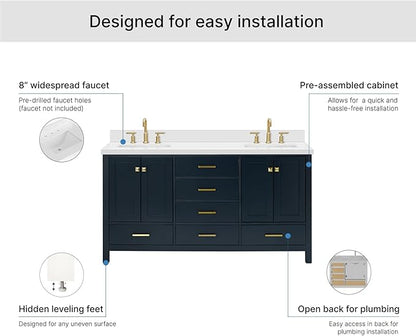 ARIEL Cambridge 66-inch Bathroom Vanity with Sink,Solid Wood, 1.5-inch Pure White Quartz Countertop, Double Rectangular Porcelain Sink, 4 Soft Closing Doors, 6 Dovetail Drawers, Midnight Blue