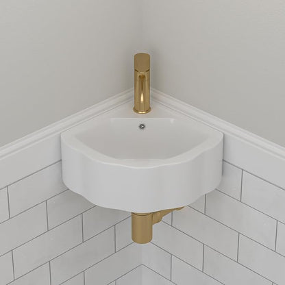 Corner Wall Mount Bathroom Sink | Beslend 17"x15" Inch White Ceramic Vessel Sink, Flower Shaped Bowl White Art Basin with Single Hole Small Space-Saving Sinks