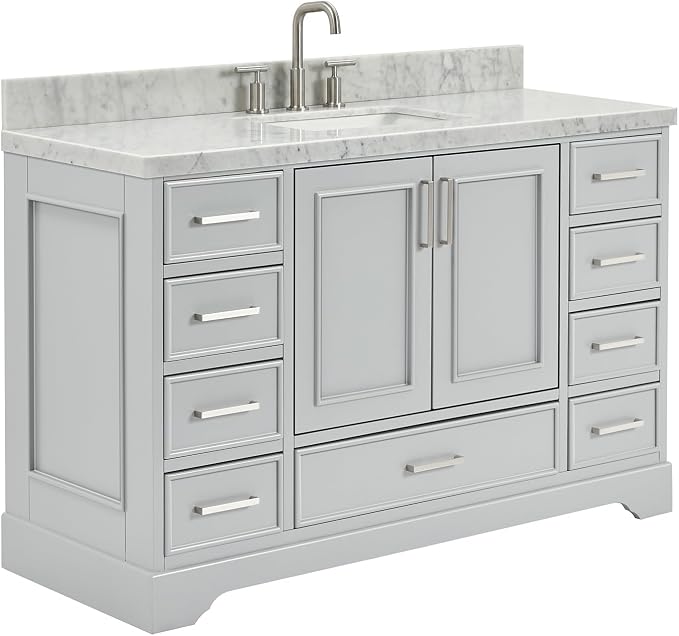 DKB Langford 54-inch Grey Bathroom Vanity with Center Rectangle Single Sink, Italian Carrara Marble Countertop & Backsplash, Solid Wood Frame, Soft-Closing & Dovetail Drawers