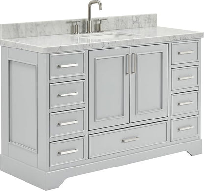 DKB Langford 54-inch Grey Bathroom Vanity with Center Rectangle Single Sink, Italian Carrara Marble Countertop & Backsplash, Solid Wood Frame, Soft-Closing & Dovetail Drawers