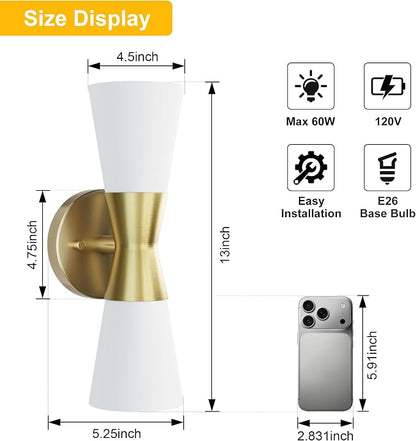 Wall Sconces Set of 2 for Bathroom, Modern Indoor Vanity Light Fixtures 13", Up Down Lighting, Wall Mount Lamp for Living Room Bedroom Hallway Stairway Fireplace Mirror E26 Base 2PC White&Gold
