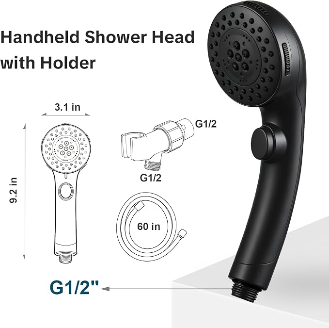 OFFO Shower Head with Handheld, 5 Mode Handheld Shower Head with On Off Switch for Water Saving, High Flow Powerful Boosting Showerheads with 60" PVC Hose & Holder, Matte Black