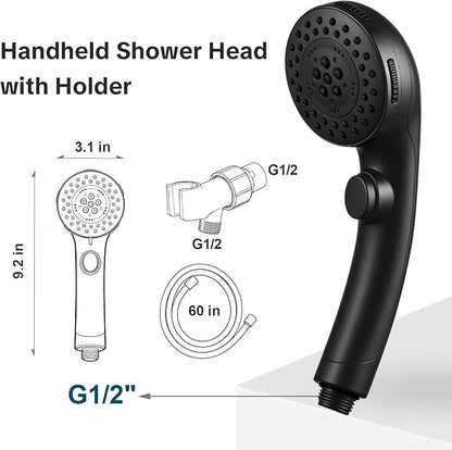 OFFO Shower Head with Handheld, 5 Mode Handheld Shower Head with On Off Switch for Water Saving, High Flow Powerful Boosting Showerheads with 60" PVC Hose & Holder, Matte Black
