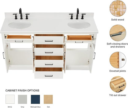ARIEL Hepburn 66-inch Bathroom Vanity with Sink,Solid Wood, 1.5-inch Pure White Quartz Countertop & Backsplash, Double Oval Porcelain Sink, 4 Soft Closing Doors, 6 Dovetail Drawers, White