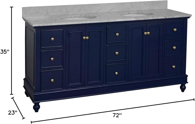 Bella 72-inch Double Bathroom Vanity (Carrara/Royal Blue): Includes Royal Blue Cabinet with Authentic Italian Carrara Marble Countertop and White Ceramic Sinks
