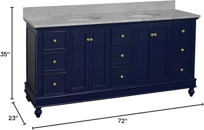 Bella 72-inch Double Bathroom Vanity (Carrara/Royal Blue): Includes Royal Blue Cabinet with Authentic Italian Carrara Marble Countertop and White Ceramic Sinks