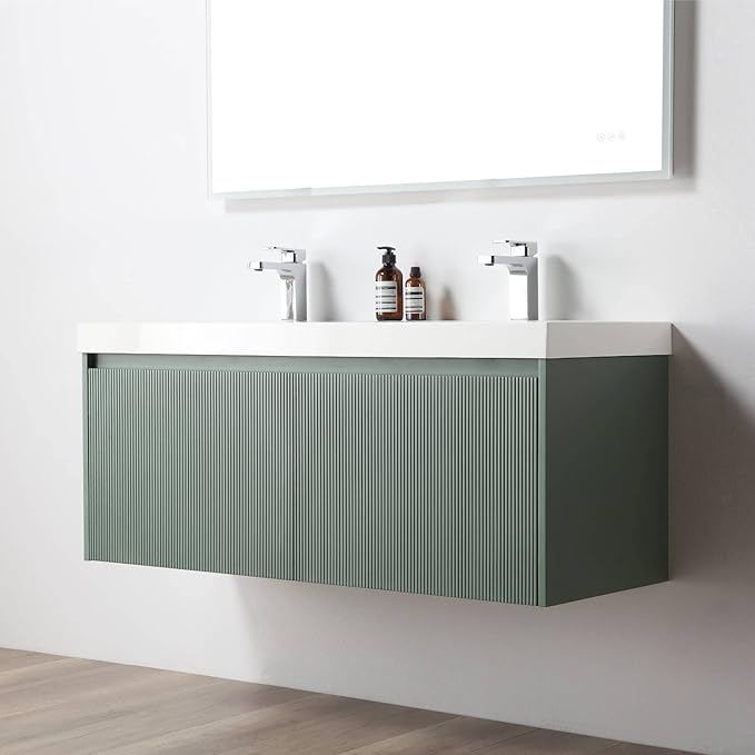 Blossom 48 Inch Double Sink Bathroom Vanity with Side Cabinets, All Wood Wall Mounted Floating Bathroom Vanity with Acrylic Sink, Soft-Close Drawers, Bathroom Vanities, Aventurine Green