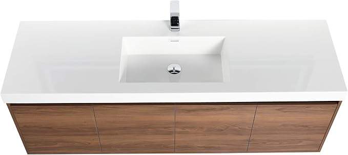 Blossom 60 Inch Bathroom Vanity with Sink, Wall Mounted Floating Bathroom Vanity Cabinet with Acrylic Sink, All Wood Soft Close Doors and Storage, Space Saving Design, Brown Walnut Finish