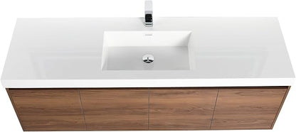 Blossom 60 Inch Bathroom Vanity with Sink, Wall Mounted Floating Bathroom Vanity Cabinet with Acrylic Sink, All Wood Soft Close Doors and Storage, Space Saving Design, Brown Walnut Finish