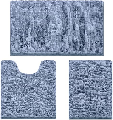 HOMEIDEAS Grey Blue Chenille Bathroom Rugs Set of 3, Non Slip Bath Mat