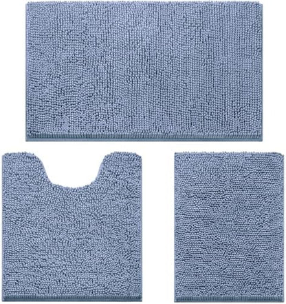 HOMEIDEAS Grey Blue Chenille Bathroom Rugs Set of 3, Non Slip Bath Mat