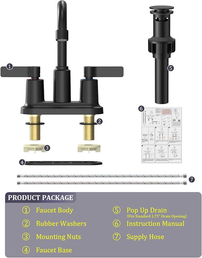 Bathroom Faucets for Sink 3 Hole, Evolvegoods 4 Inch Matte Black Bathroom Faucet with Pop Up Drain and 2 Supply Hoses, 2-Handle Centerset Faucet for Sink Vanity RV