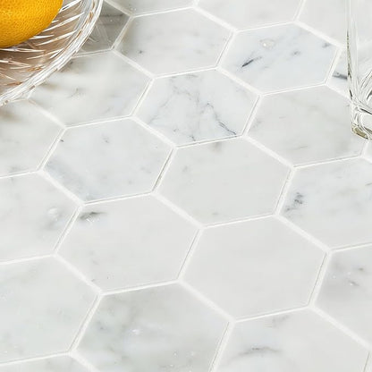 Carrara White Marble Mosaic Tile, 2 Inch Hexagon, Polished, 5 Sheets | Natural Bianco Carrera, Marble Stone Backsplash Tiles for Kitchen, Bathroom, Shower Wall and Floor