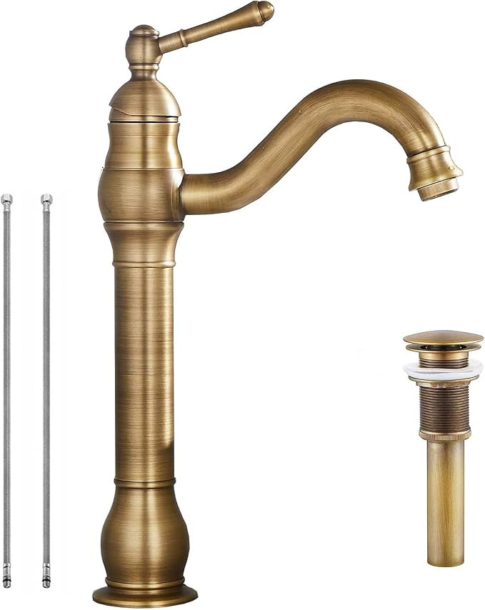 Bathroom Vessel Faucet Antique Brass 360°Swivel Bowl Sink Faucet with Drain | Single Hole 1 Handle Matching Pop Up Drain Stopper without Overflow Tall Lavatory Vanity Basin Mixer Tap Deck Mount