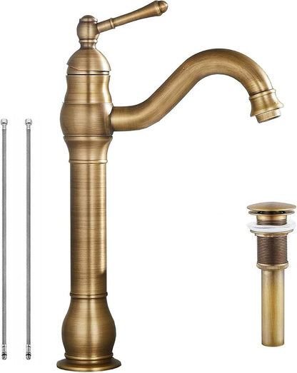 Bathroom Vessel Faucet Antique Brass 360°Swivel Bowl Sink Faucet with Drain | Single Hole 1 Handle Matching Pop Up Drain Stopper without Overflow Tall Lavatory Vanity Basin Mixer Tap Deck Mount