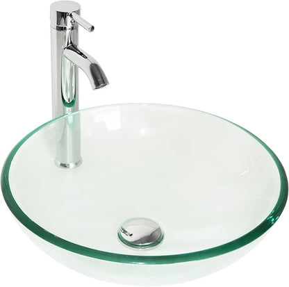 wonline Bathroom Round Tempered Clear Glass Vessel Sink Chrome Faucet & Pop-up Drain