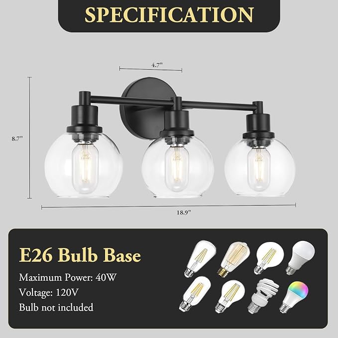 Bathroom Vanity Light 3 Light, Black Bathroom Light Fixtures with Clear Globe Glass Shade, Matted Black Wall Sconce Over Mirror for Kitchen, Living Room