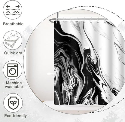 Black and White Shower Curtain, Modern Abstract Black Marble Shower Curtain for Bathroom Aesthetic Ink Texture Waterproof Shower Curtain Set with Hooks, 60x72 Inch