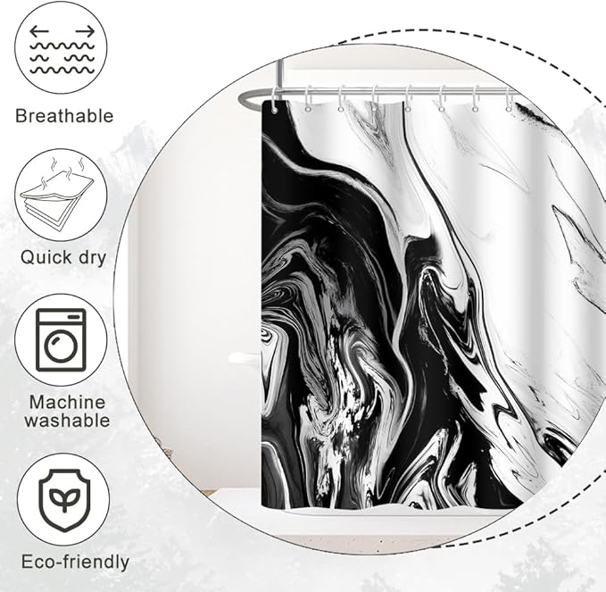 Black and White Shower Curtain, Modern Abstract Black Marble Shower Curtain for Bathroom Aesthetic Ink Texture Waterproof Shower Curtain Set with Hooks, 54x72 Inch