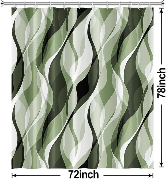 Sage Green Shower Curtain, Abstract Ombre Green and Grey Striped Shower Curtain Set for Bathroom Waterproof Polyester Shower Curtain with Hooks, 72x78 Inch