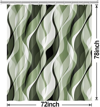 Sage Green Shower Curtain, Abstract Ombre Green and Grey Striped Shower Curtain Set for Bathroom Waterproof Polyester Shower Curtain with Hooks, 72x78 Inch