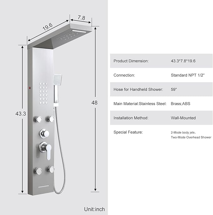 POPFLY Shower Panel, LED Rainfall & Waterfall Shower Head, 5-in-1 Shower System with Body Massage Jets, Handheld Spray, Tub Spout, Stainless Steel Wall Mounted Shower Tower, Brushed Nickel