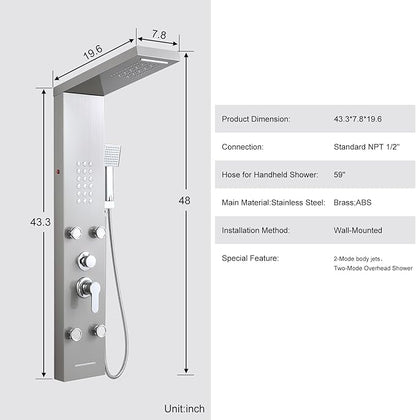 POPFLY Shower Panel, LED Rainfall & Waterfall Shower Head, 5-in-1 Shower System with Body Massage Jets, Handheld Spray, Tub Spout, Stainless Steel Wall Mounted Shower Tower, Brushed Nickel