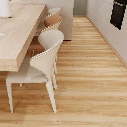 Wood Grain Peel and Stick Floor Tiles, 11.8" W × 394" L, Natural Oak | Soft wood‑look finish, Non‑slip texture, Long rolls reduce seams, Low‑maintenance surface, Budget‑friendly option