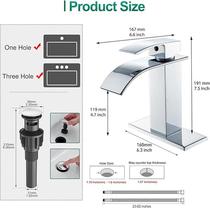 VOTON Chrome Bathroom Faucets Waterfall Bathroom Sink Faucet Modern Single Handle Bathroom Faucet for 1 or 3 Holes with Deck Plate and Pop-Up Drain, Rv Sink Camper Farmhouse Bathroom Faucet