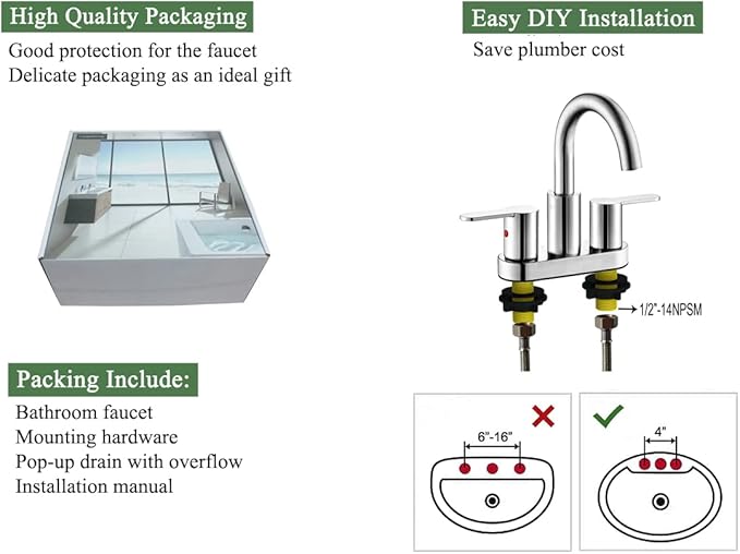 Chrome 4 Inch Centerset Bathroom Sink Faucet 3 Holes with Pop up Drain, High Arc Modern 2 Handle Bathroom Vanity Lavatory Faucet with Brass 360° Swivel Spout, TAF067E-CP