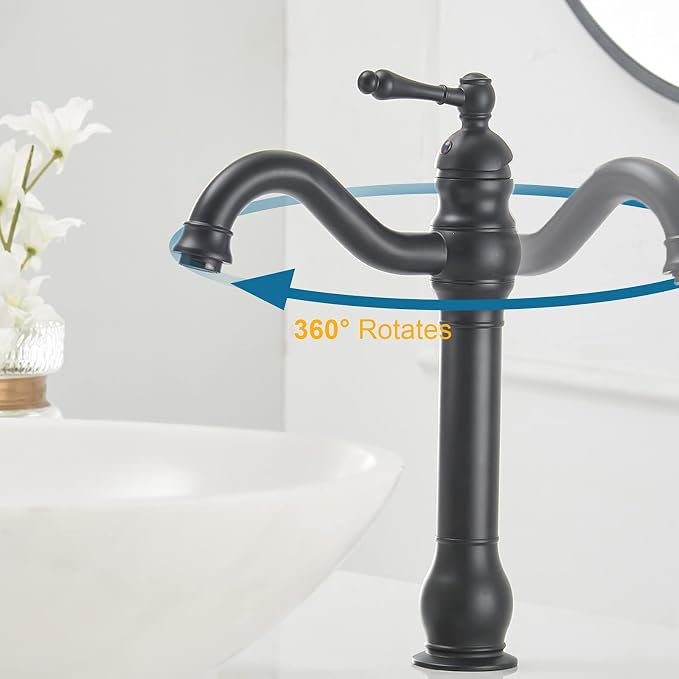 Bathroom Vessel Sink Faucet Waterfall Single Handle Single Hole | Matte Black,360° Swivel Deck Mount Lavatory,Pop Up Drain Without Overflow,Easy to Clean,Stable Installation,Minimalist Design