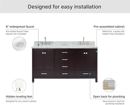 ARIEL Cambridge 66-inch Bathroom Vanity with Sink,Solid Wood, 1.5-inch Italian Carrara Marble Countertop & Backsplash, Double Oval Porcelain Sink, 4 Soft Closing Doors, 6 Dovetail Drawers, Espresso