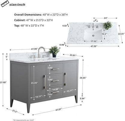 HomeBeyond 48 Inch Bathroom Vanity with Sink & Ceramic Top, Single Vanity Cabinet with Basin, Soft-Closing Doors & Matte Black Hardware, Grey